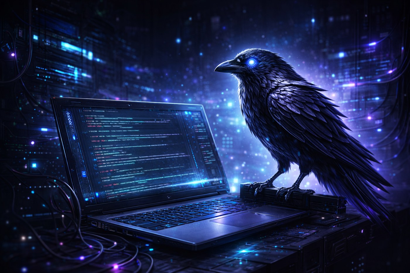 A raven perched on a laptop running Huginn, code on screen