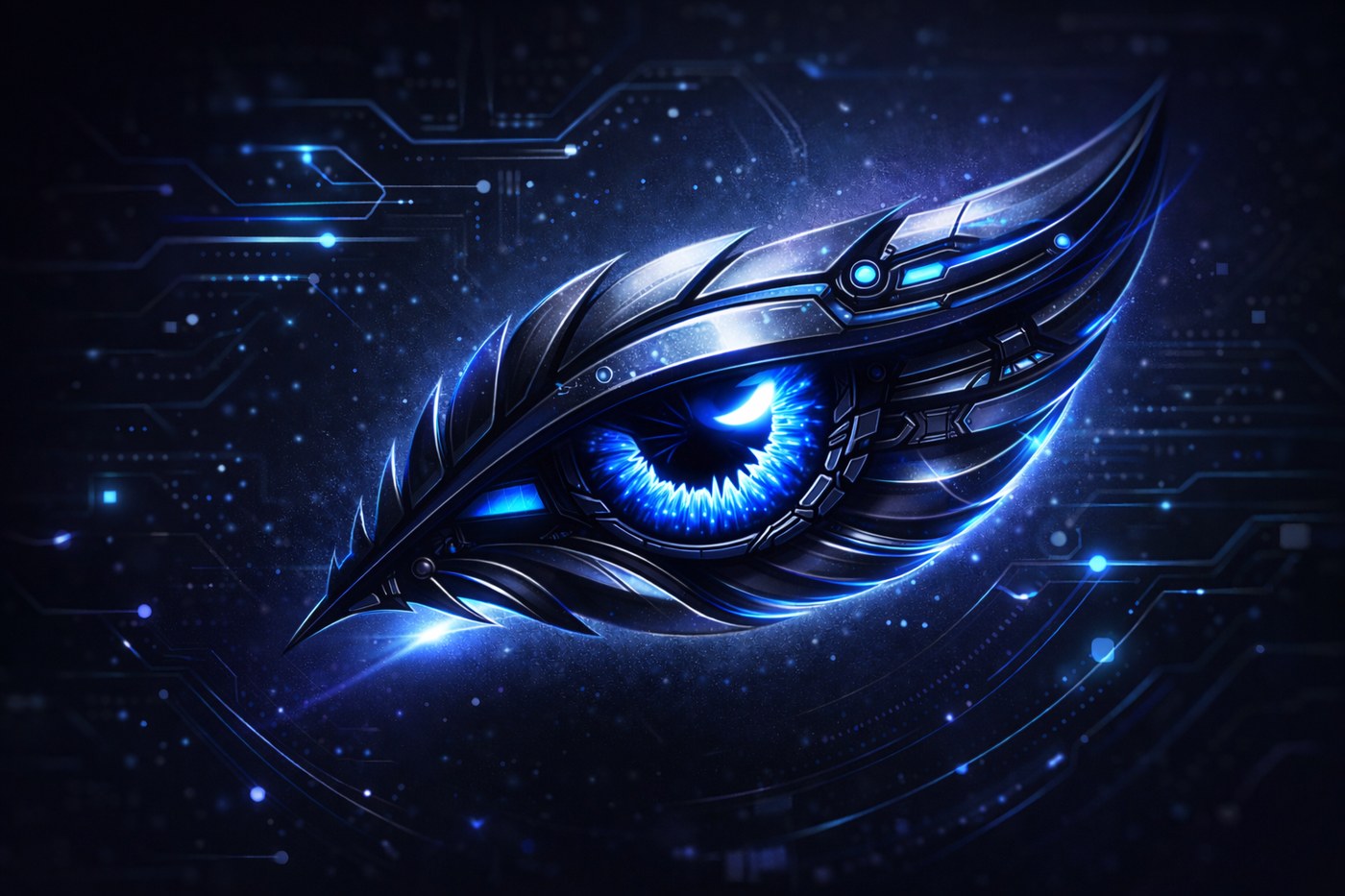 Huginn — cyberpunk raven feather eye logo, watchful and intelligent